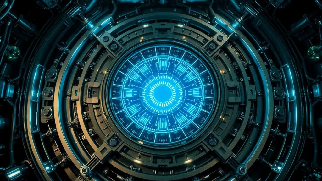Glowing nuclear reactor core with advanced metallic components.