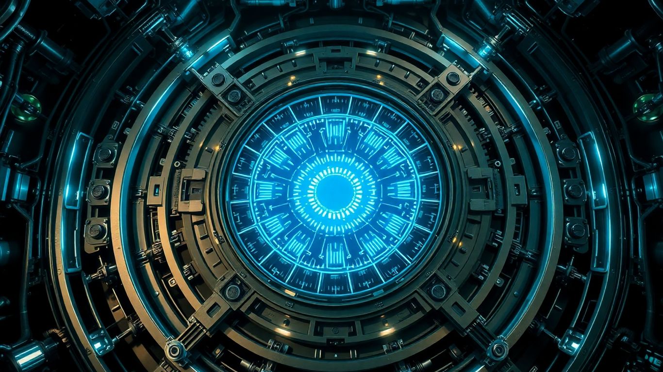 Glowing nuclear reactor core with advanced metallic components.