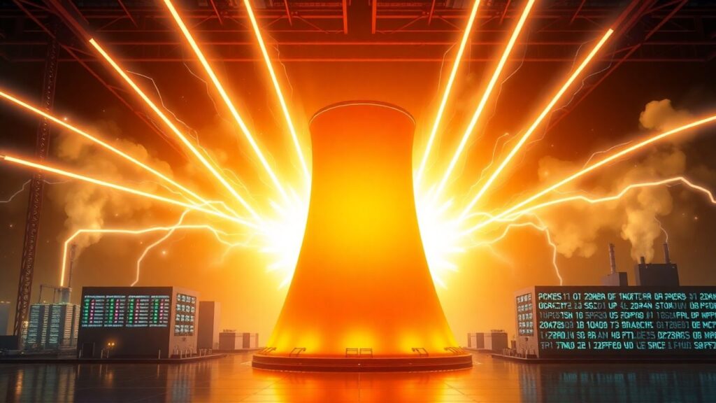 Nuclear reactor powering AI and factories with energy beams.