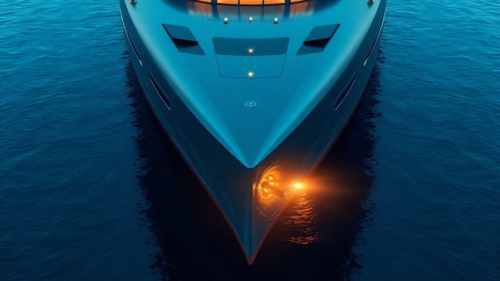 Ship with glowing maritime small modular reactor core.