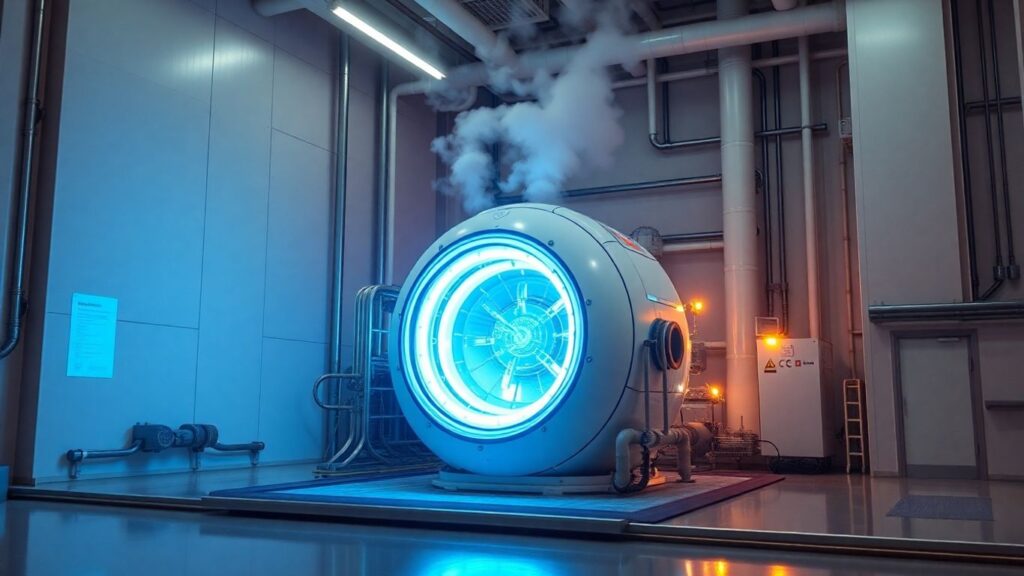 Small modular nuclear reactor glowing blue in industrial setting.