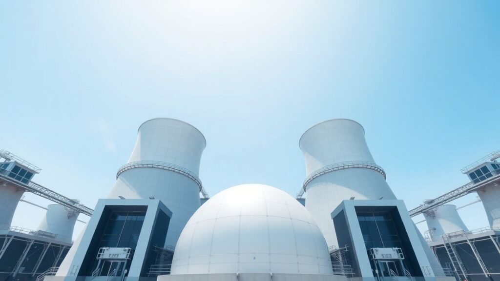 Modern nuclear reactor facility against a clear blue sky.