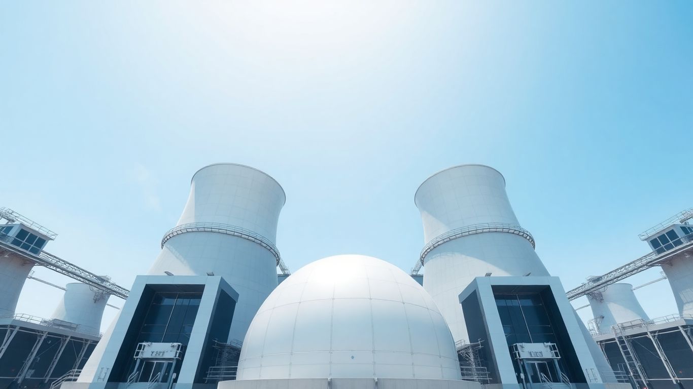 Modern nuclear reactor facility against a clear blue sky.