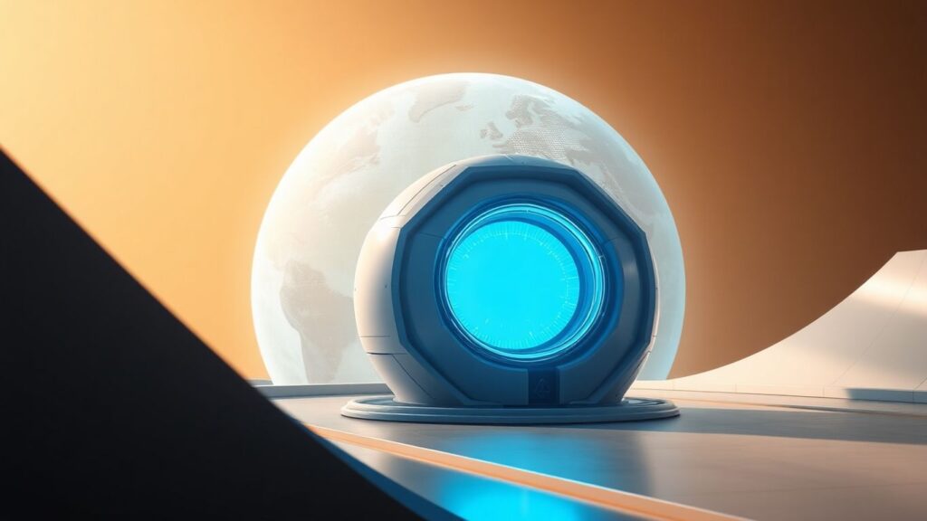 Futuristic small modular nuclear reactor design with glowing blue light.
