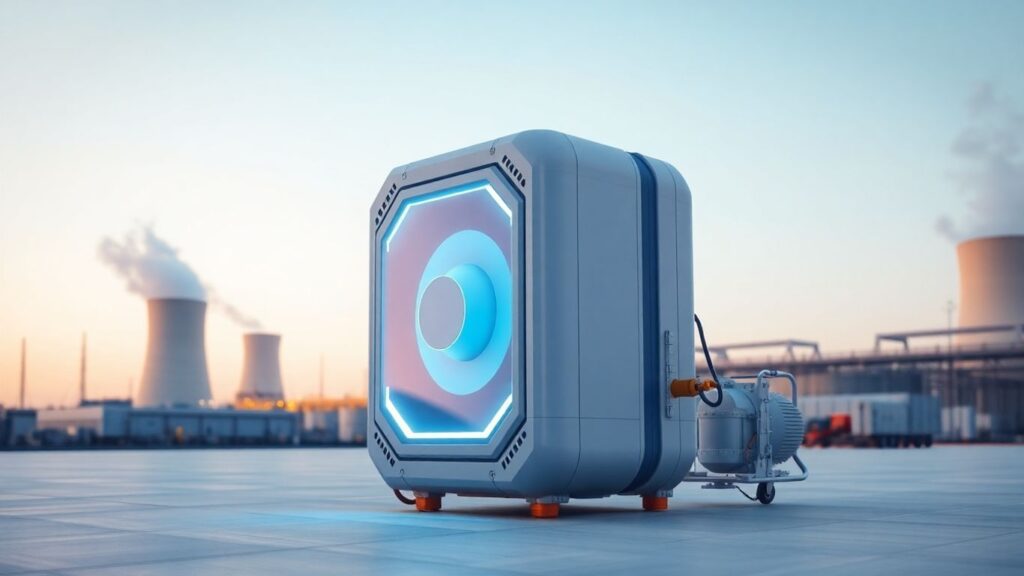 Compact nuclear reactor module glowing blue.