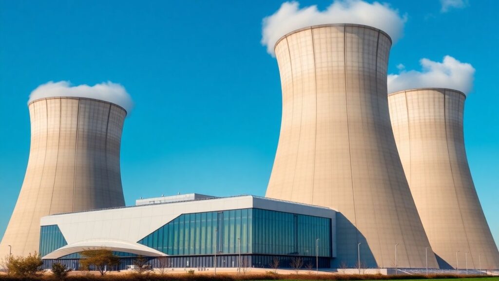 Modern nuclear reactor building with cooling towers against blue sky.