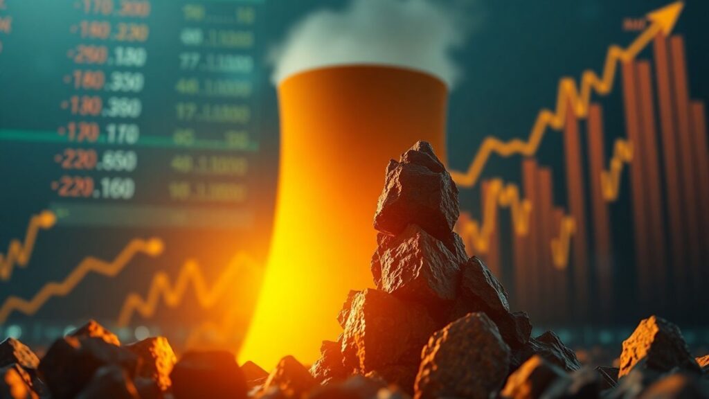 Nuclear reactor core with rising uranium ore and stock market trend.