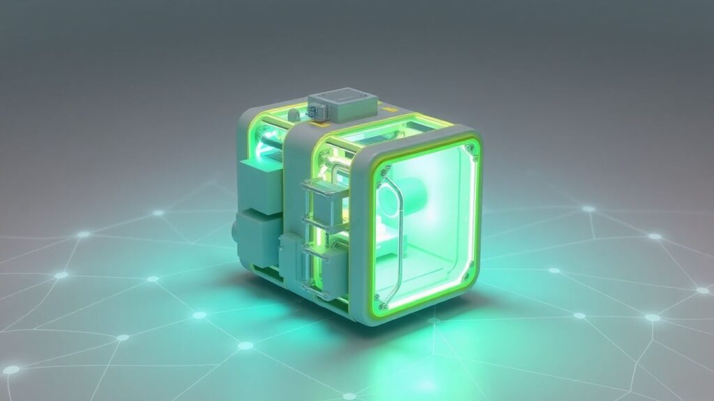 Global network surrounding a glowing small modular nuclear reactor.