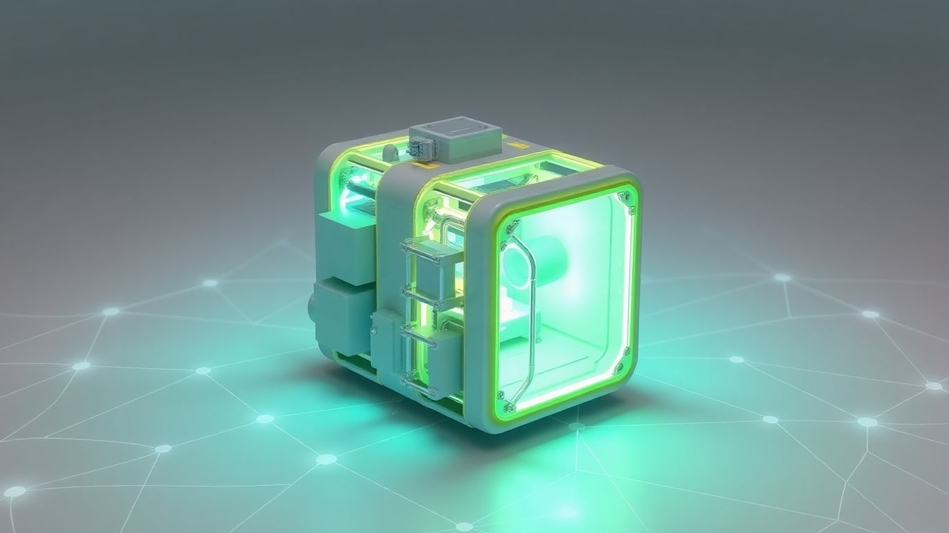 Global network surrounding a glowing small modular nuclear reactor.