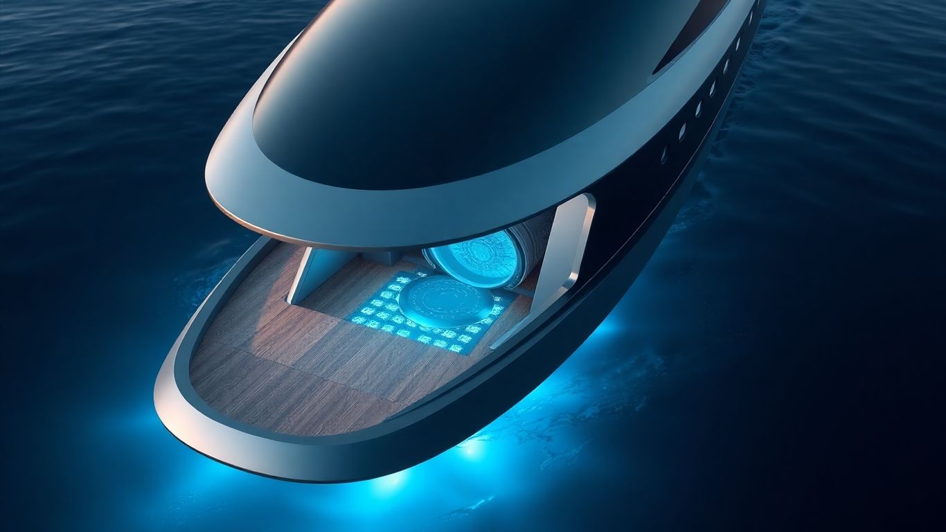 Ship with glowing blue nuclear reactor underwater.