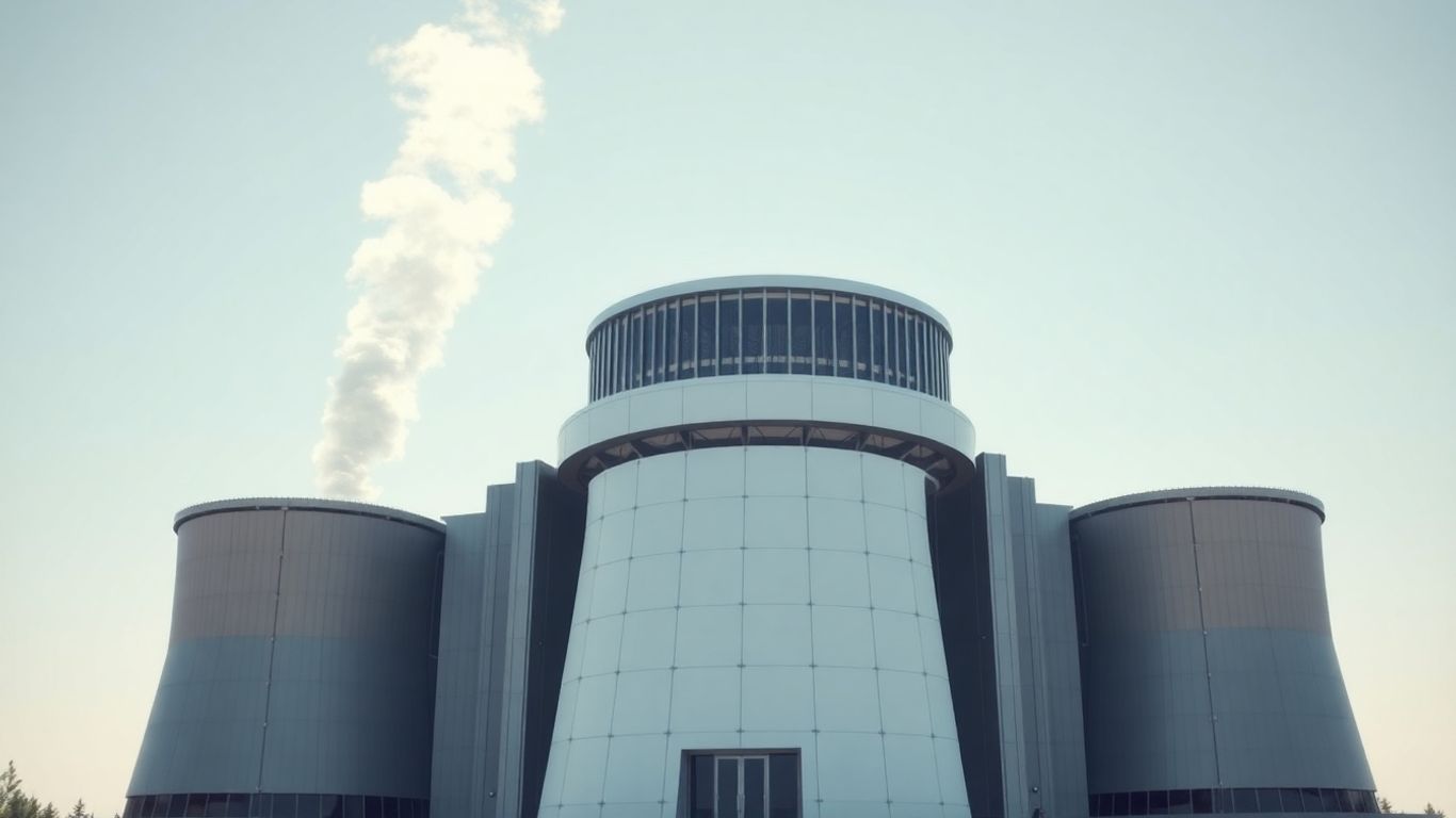 Modern nuclear reactor building with rising vapor.