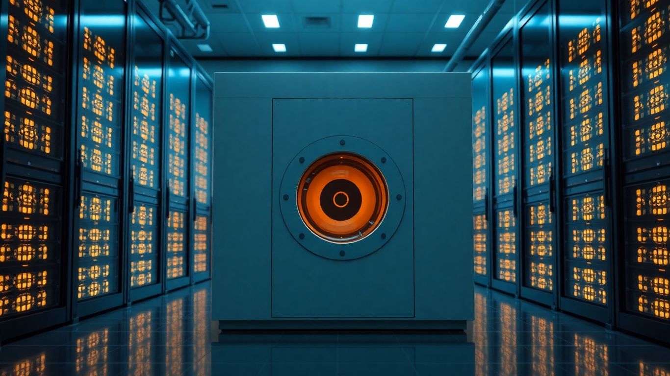 Nuclear reactor powering glowing server racks.