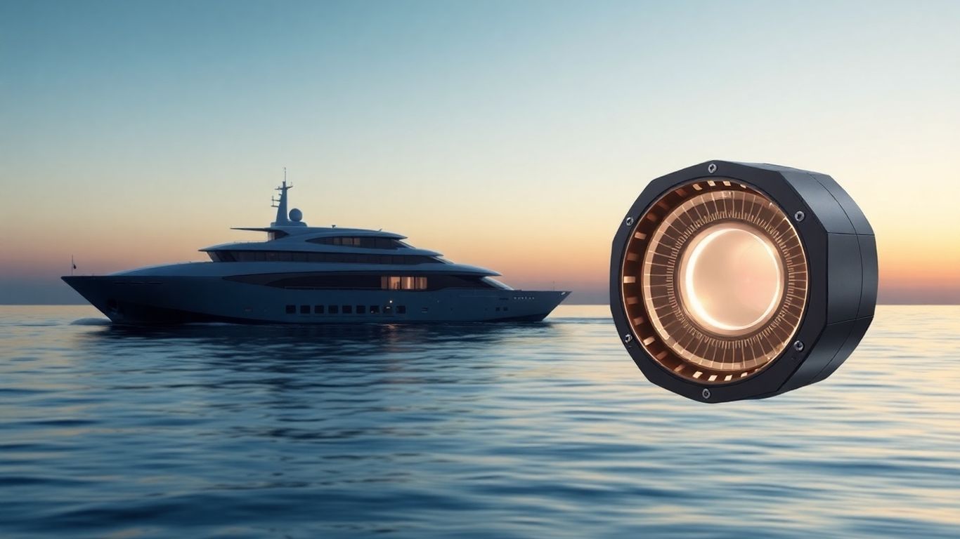 Ship with advanced reactor core on calm waters.