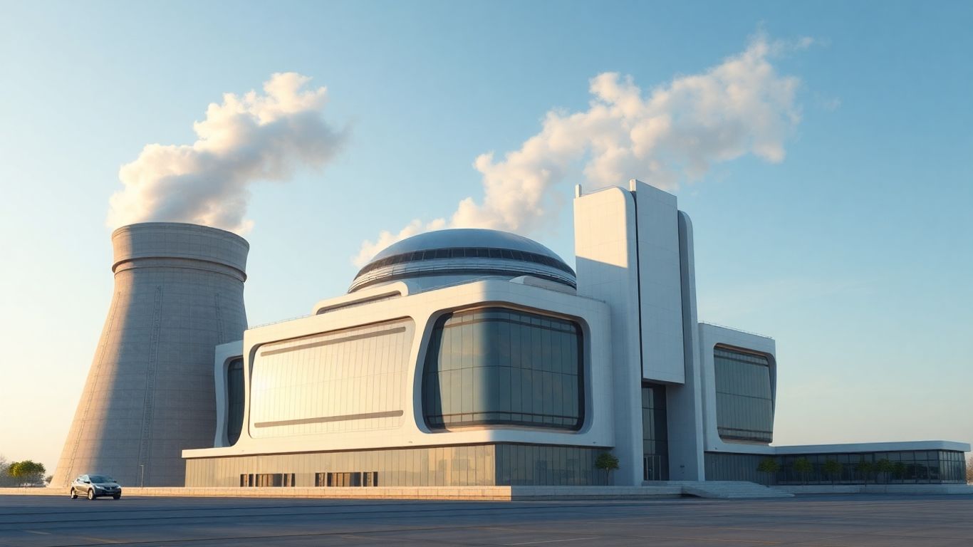 Modern nuclear reactor building with rising vapor.