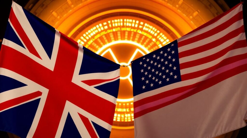 UK and US flags with nuclear reactor.