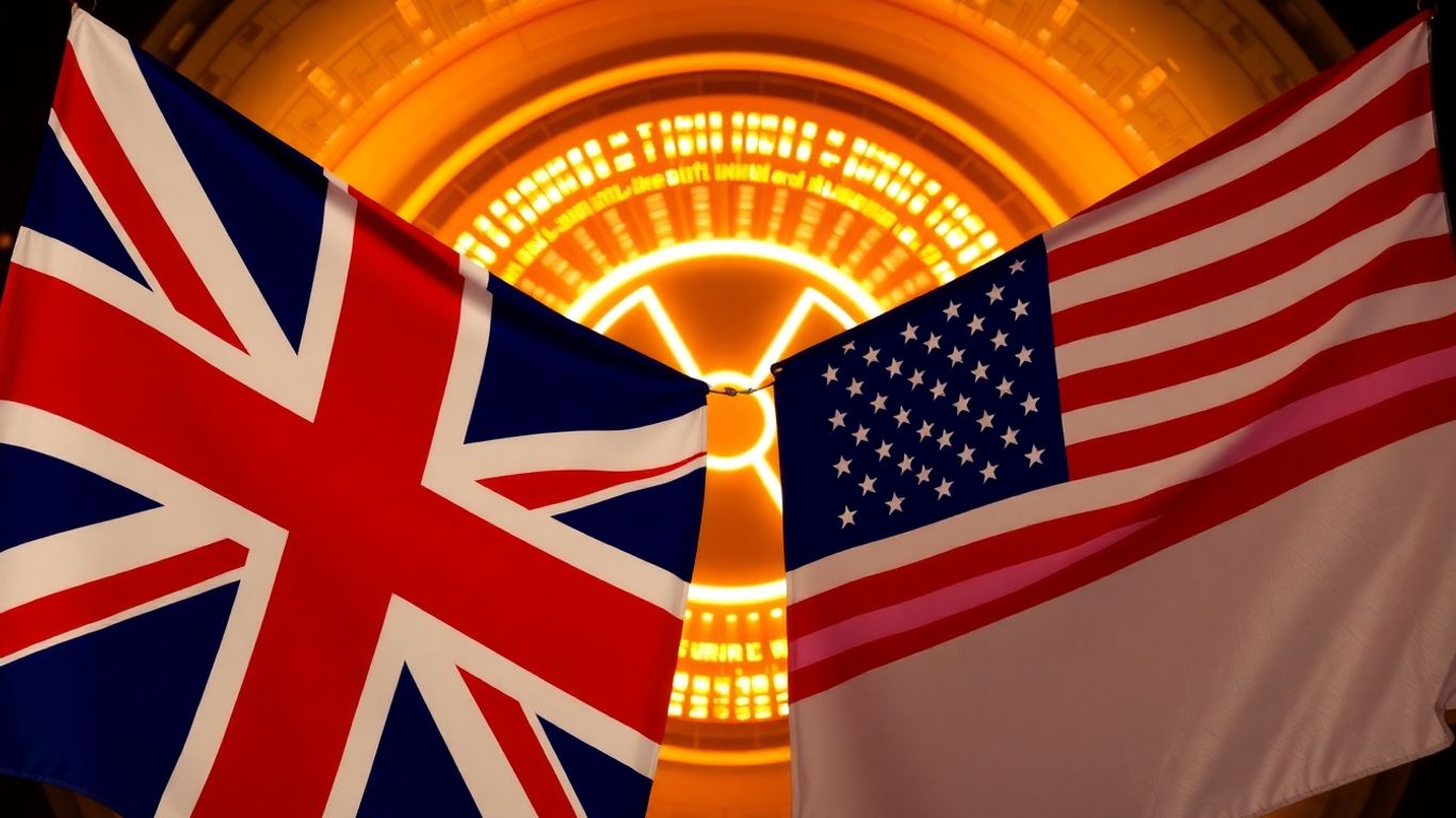 UK and US flags with nuclear reactor.