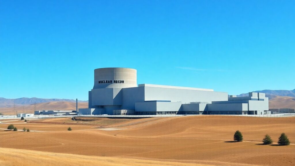 Modern nuclear reactor building in a scenic landscape.