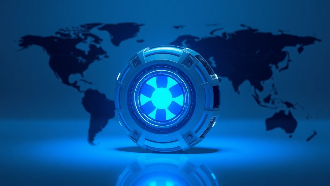 Futuristic small modular reactor glowing blue on world map.