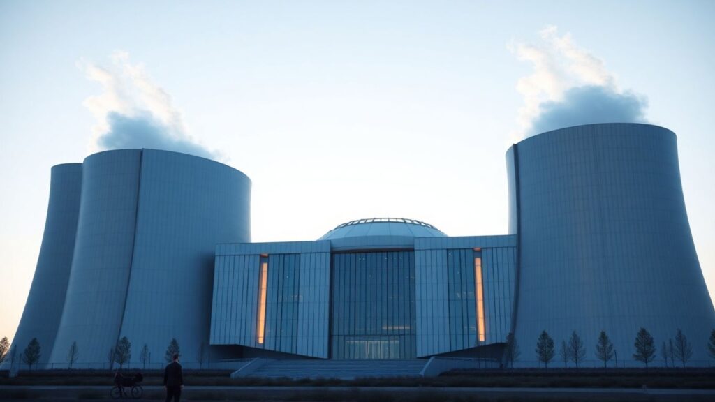 Modern nuclear reactor building with rising vapor.