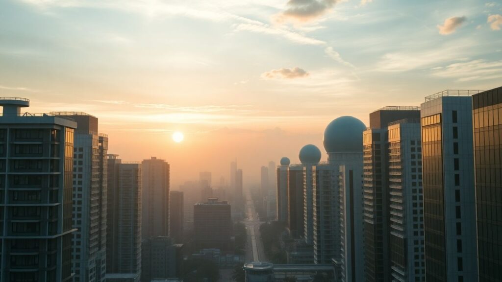 Southeast Asian skyline with a small modular nuclear reactor.