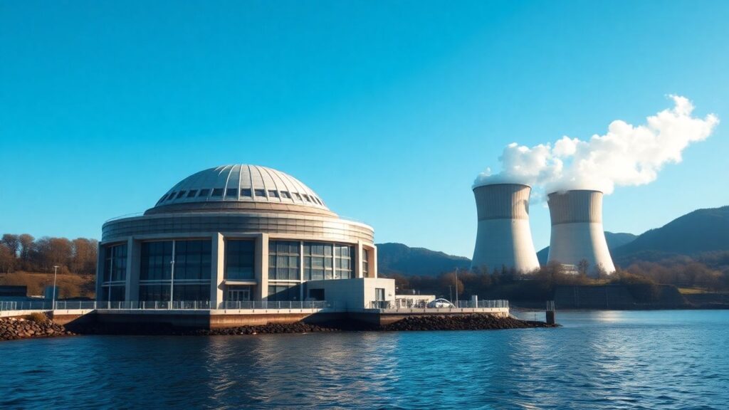 Small modular nuclear reactor building with steam rising.