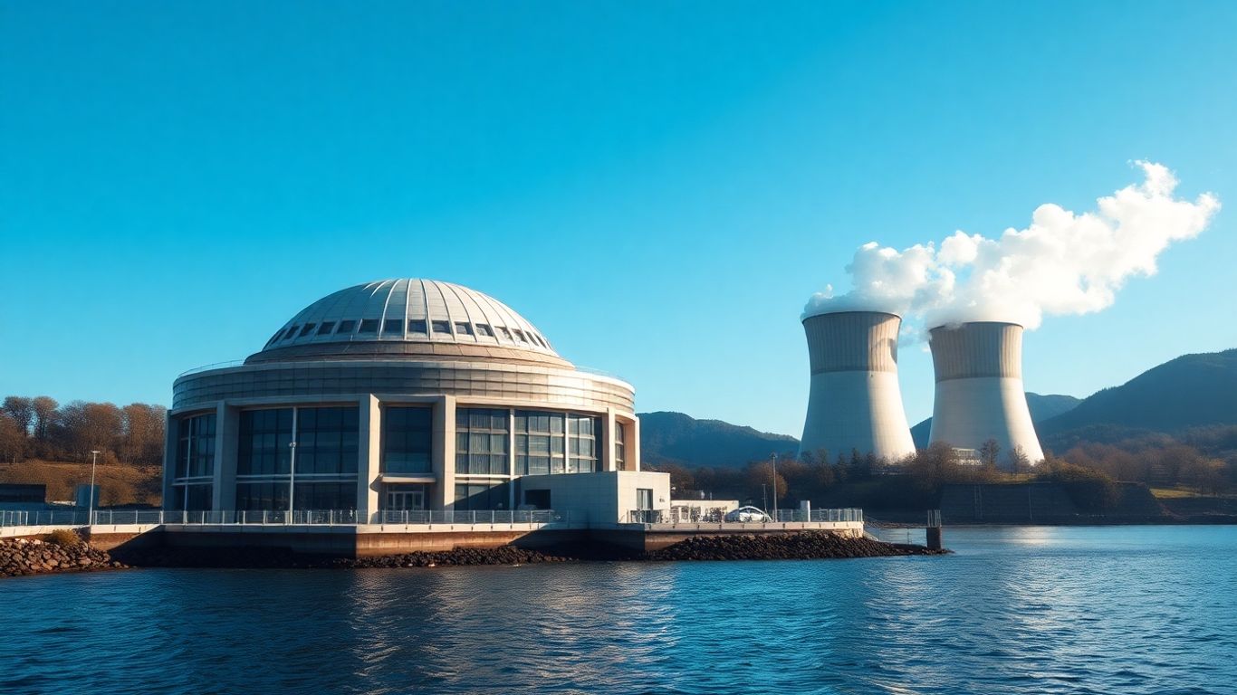 Small modular nuclear reactor building with steam rising.