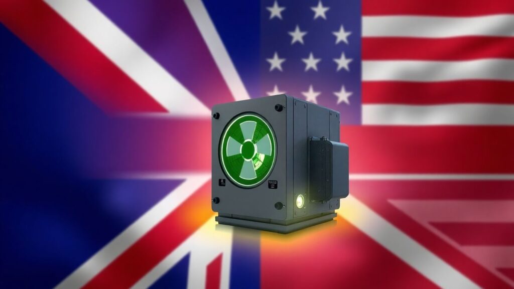 UK and US flags merge over a glowing small modular reactor.