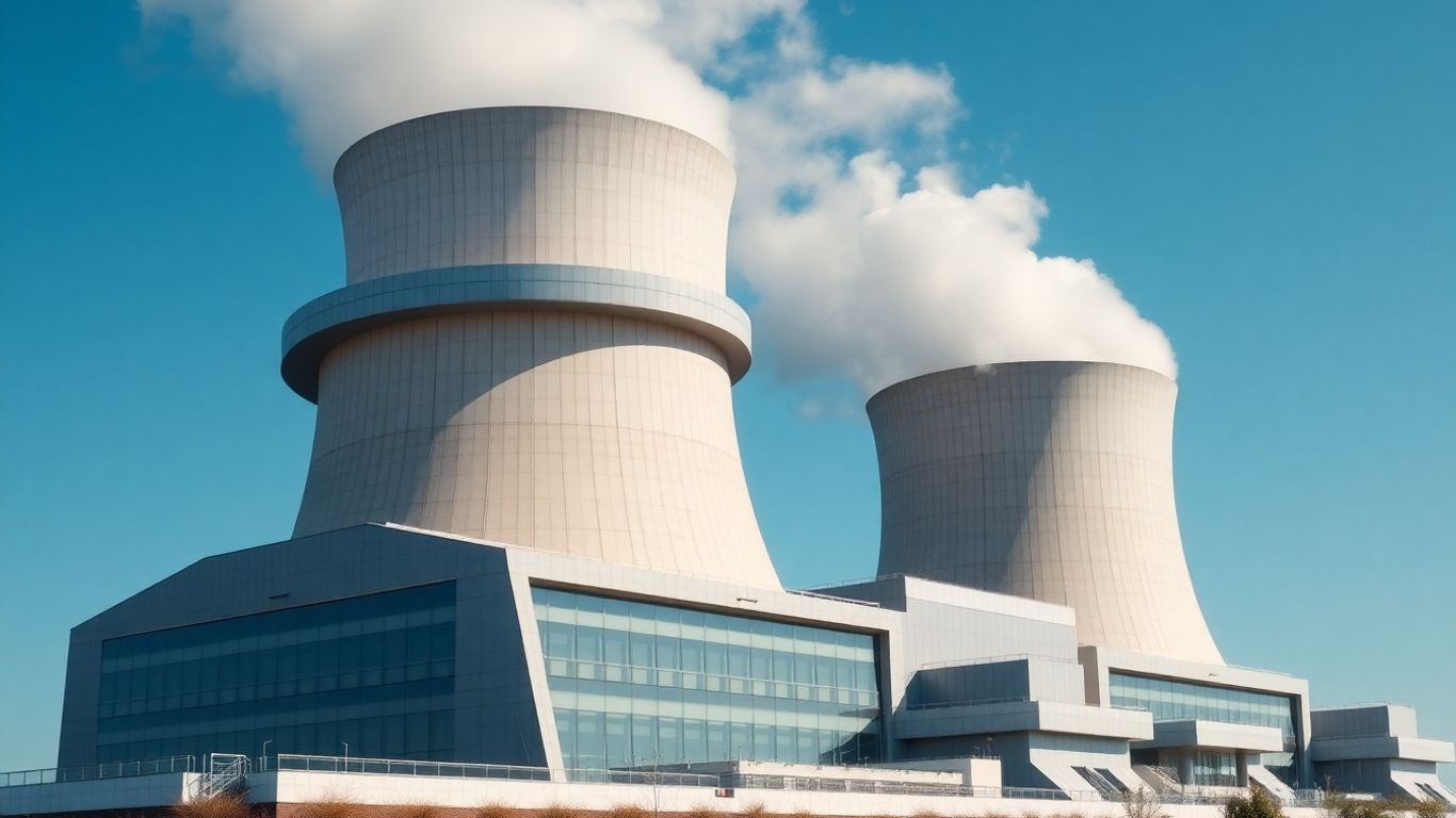 Modern nuclear reactor building with rising vapor against blue sky.