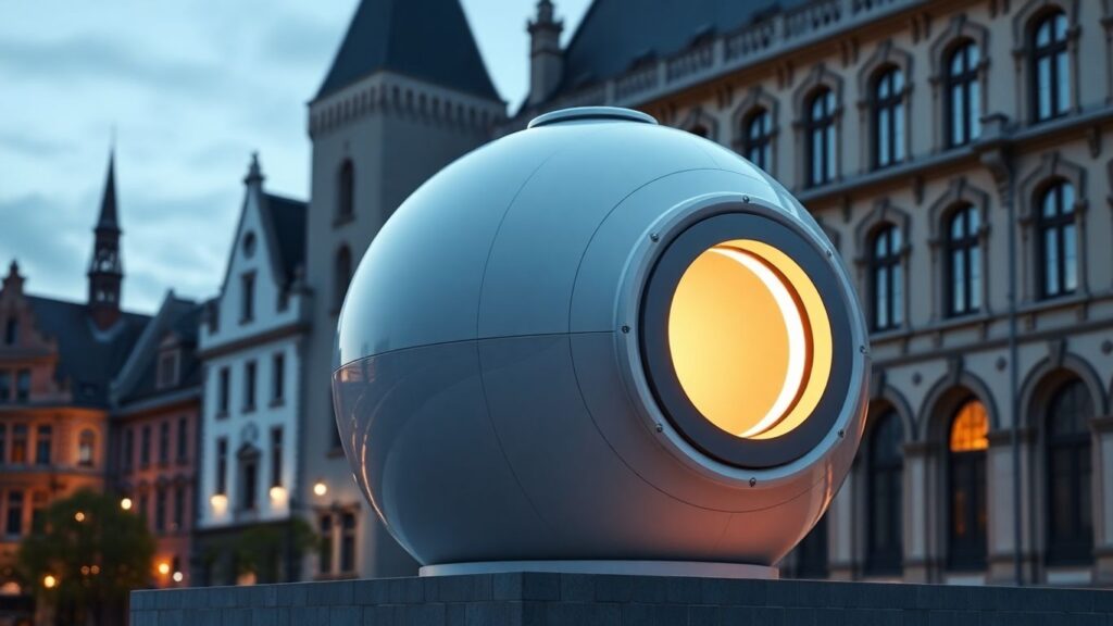 Sleek SMR design with glowing core near European architecture.