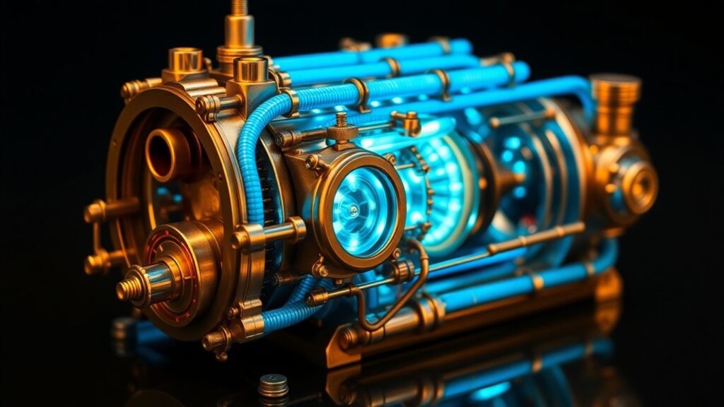 Futuristic micro nuclear reactor with glowing blue energy conduits.