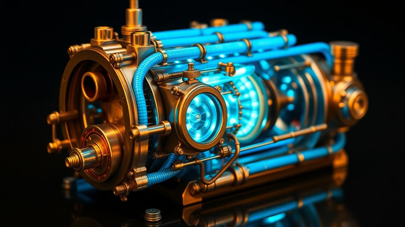 Futuristic micro nuclear reactor with glowing blue energy conduits.