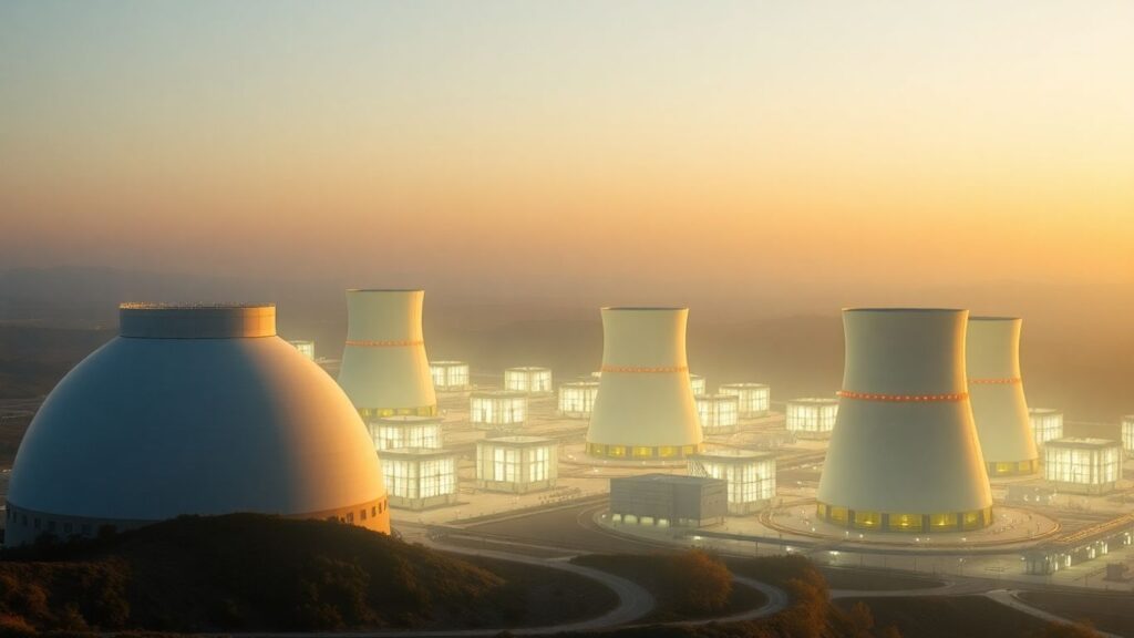 Futuristic nuclear power plant with multiple SMRs.