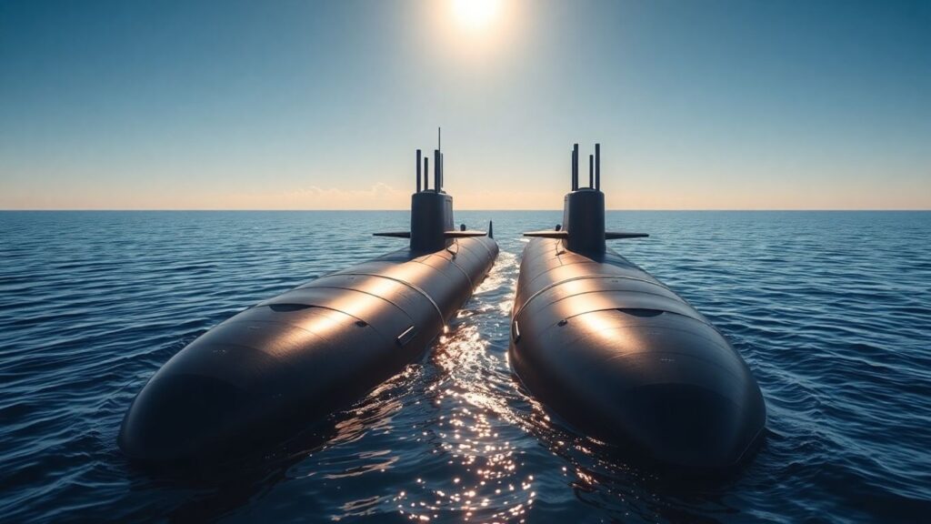 US and UK submarines together in the ocean.