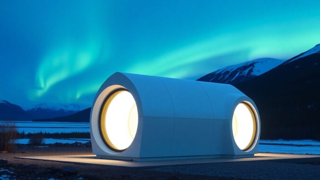 Modern small modular reactor in a Canadian landscape.