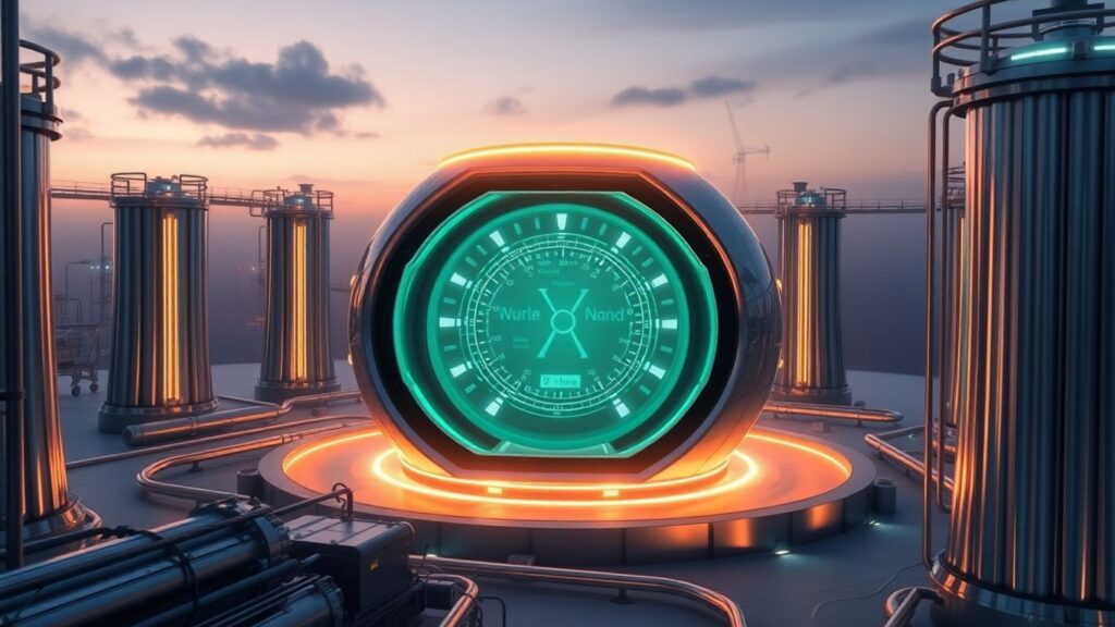Futuristic small modular nuclear reactor glowing with clean energy.