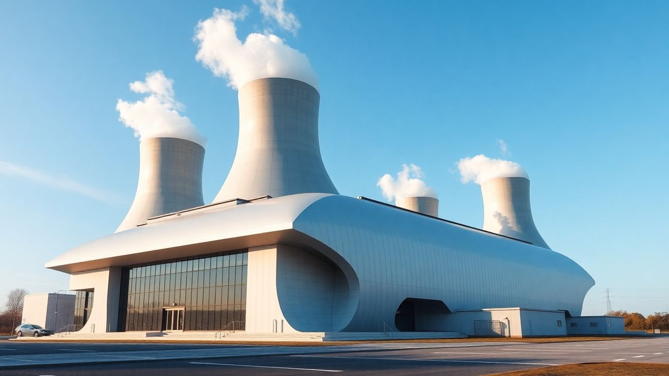 Modern nuclear reactor building with rising vapor.