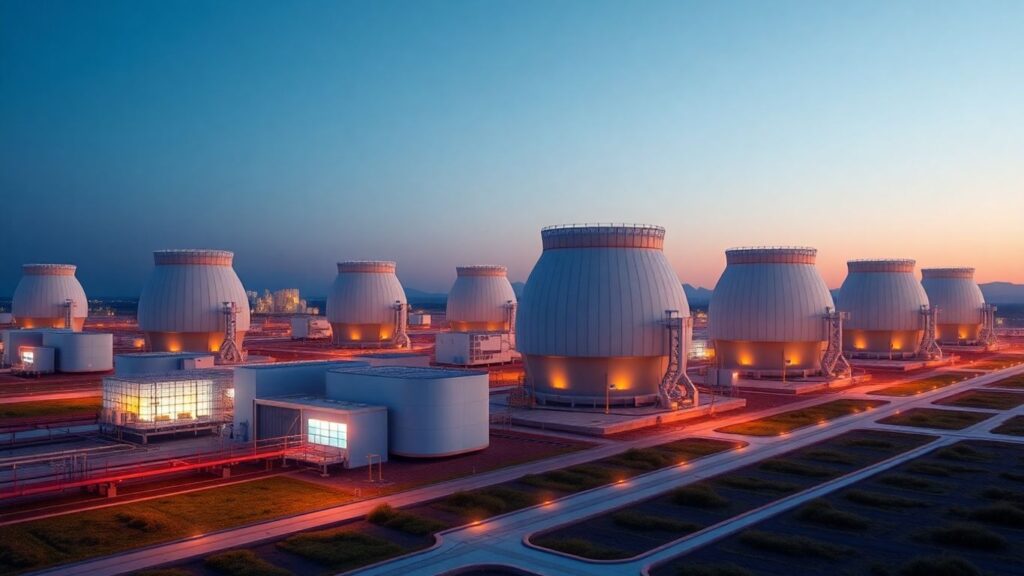 UK nuclear power plant with multiple glowing small modular reactors.