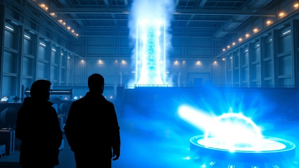 Fusion reactor glowing, two figures observing.