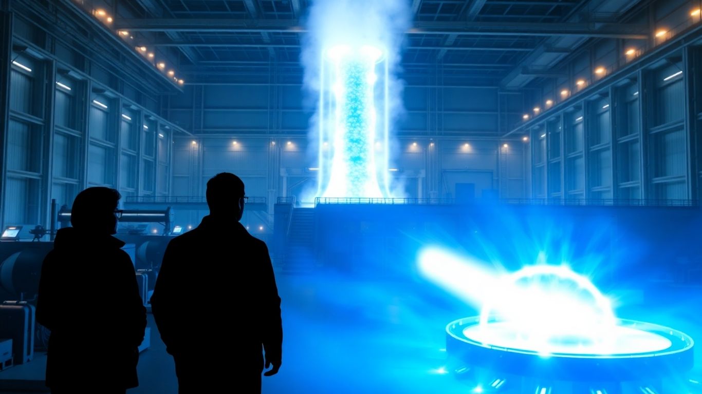 Fusion reactor glowing, two figures observing.