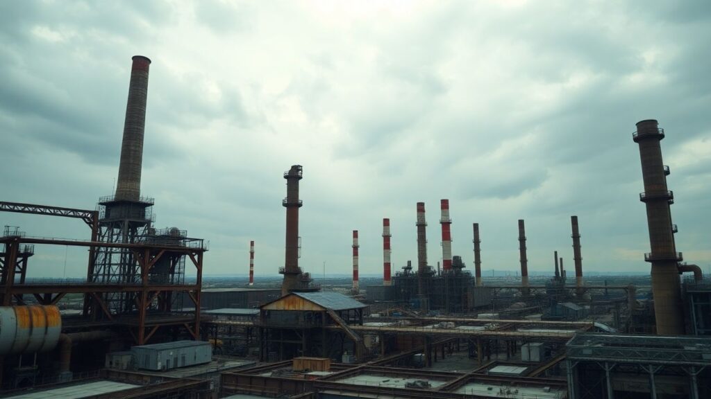 Industrial steel complex with large structures under a cloudy sky.