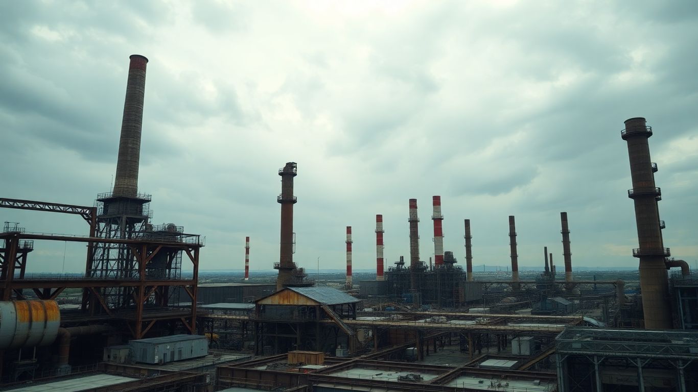 Industrial steel complex with large structures under a cloudy sky.