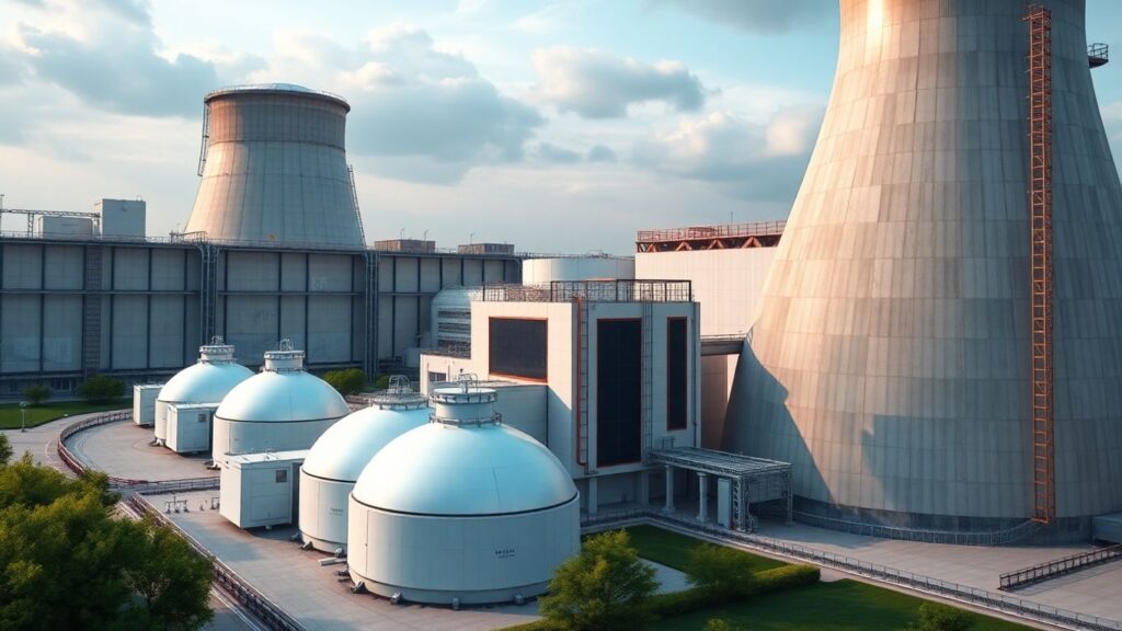 Nuclear power plant with SMRs and traditional reactors.