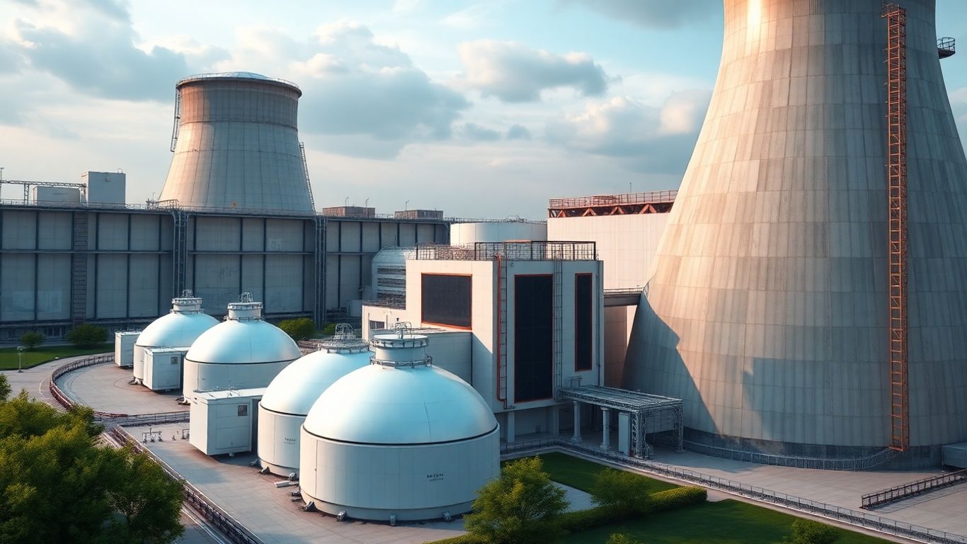 Nuclear power plant with SMRs and traditional reactors.
