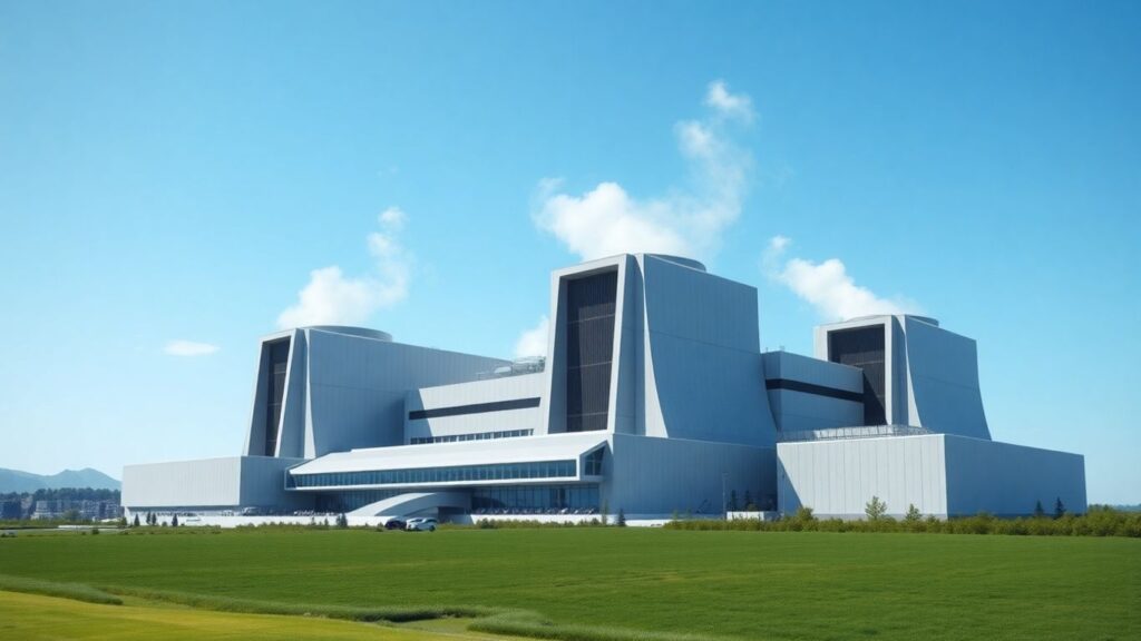 Modern nuclear reactor building with cooling towers.
