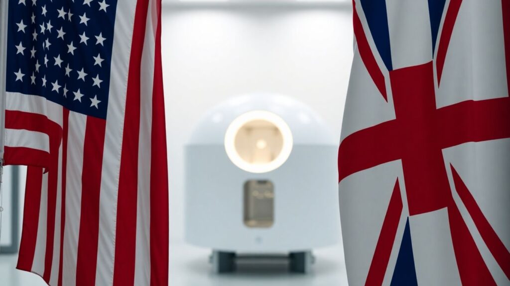 US and UK flags with a small modular reactor.