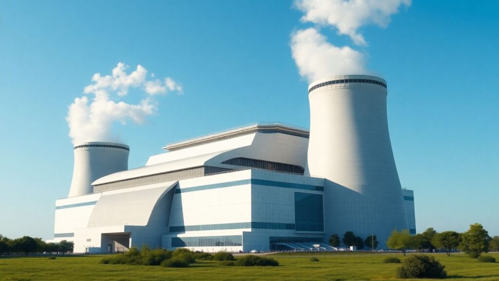 Modern nuclear reactor building with cooling towers.