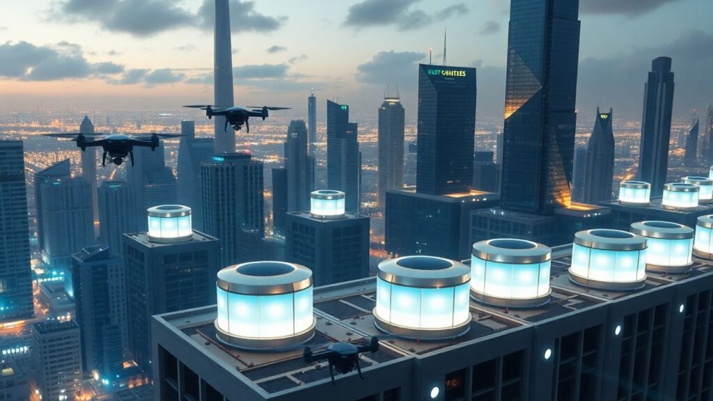 Small modular reactors in a futuristic city skyline.