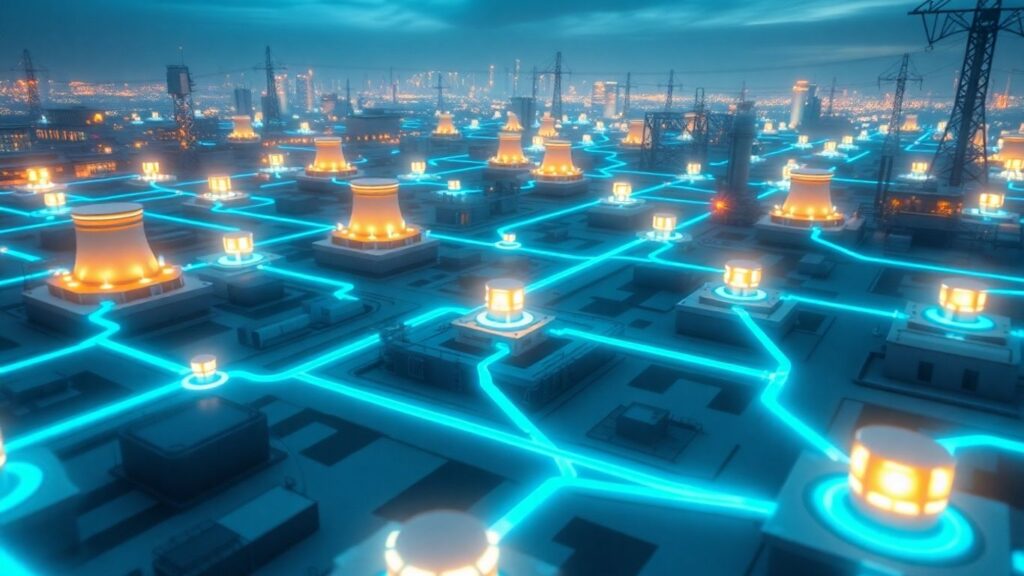 Small modular reactors powering a modern city.