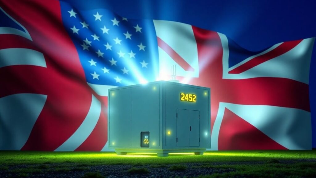 Nuclear reactor with US and UK flags.