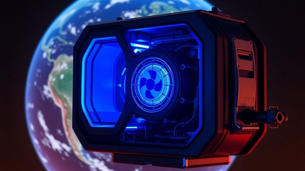Small modular nuclear reactor with Earth backdrop.